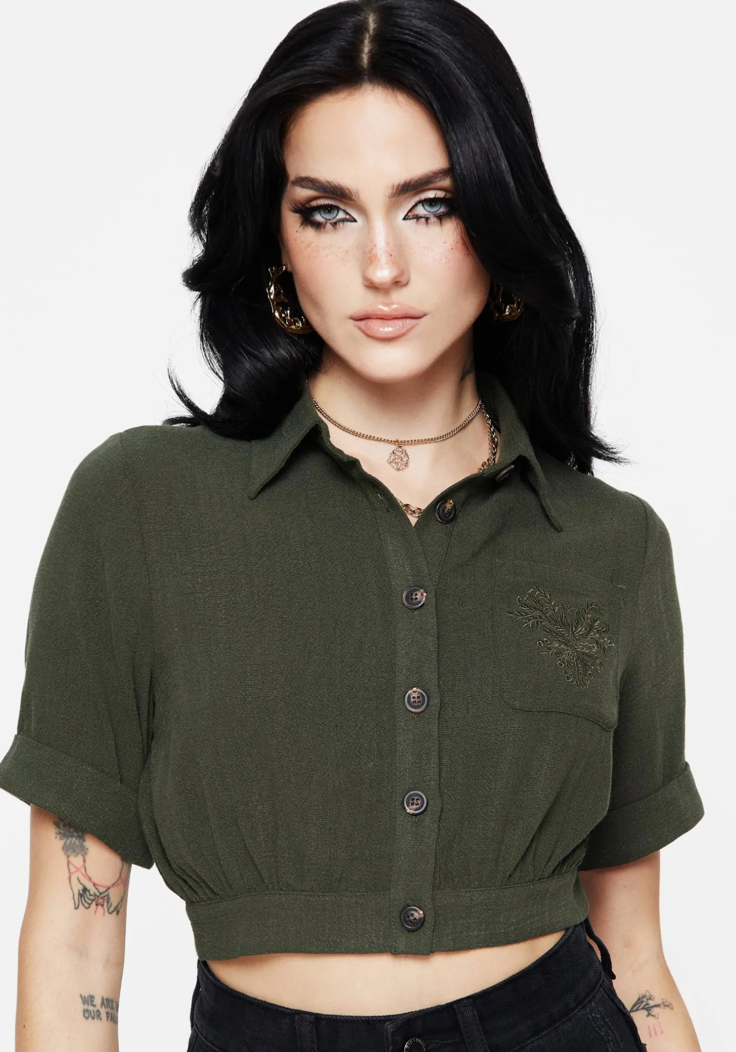 Foliate Linen-Blend Embroidered Short Sleeve Crop Shirt - Green