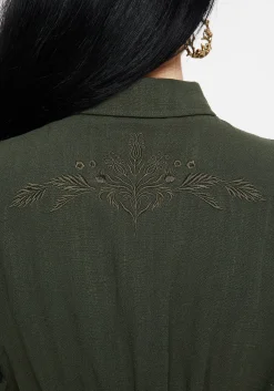 Foliate Linen-Blend Embroidered Short Sleeve Crop Shirt - Green