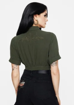 Foliate Linen-Blend Embroidered Short Sleeve Crop Shirt - Green