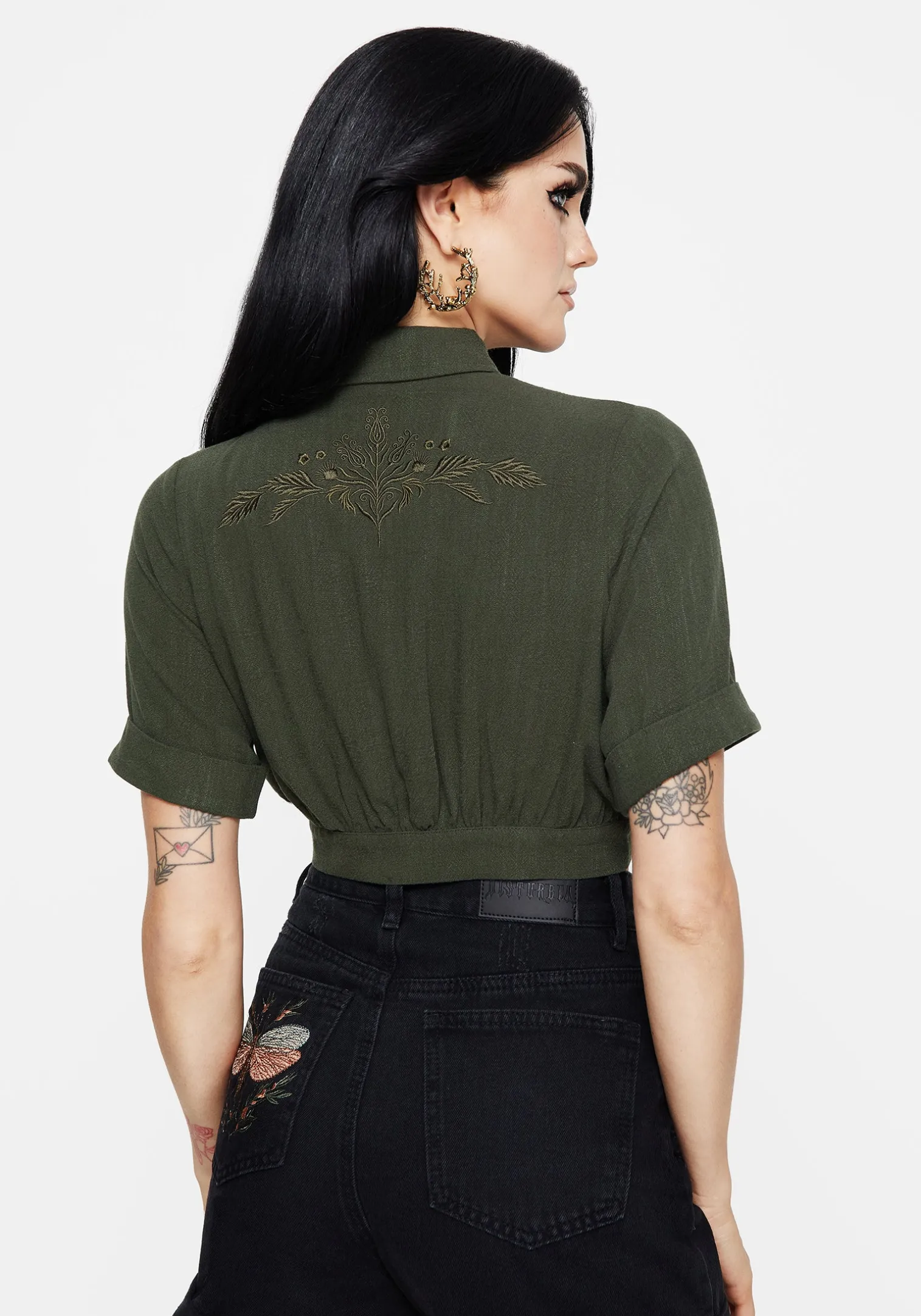 Foliate Linen-Blend Embroidered Short Sleeve Crop Shirt - Green
