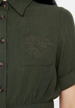 Foliate Linen-Blend Embroidered Short Sleeve Crop Shirt - Green