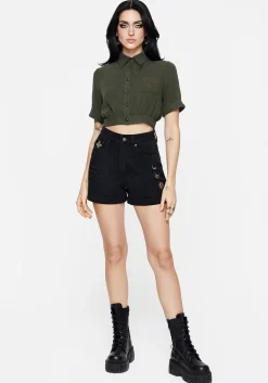 Foliate Linen-Blend Embroidered Short Sleeve Crop Shirt - Green