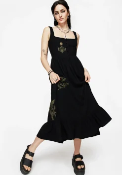 Foliate Linen-Blend Embroidered Sleeveless Midi Dress - Black