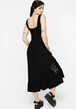 Foliate Linen-Blend Embroidered Sleeveless Midi Dress - Black