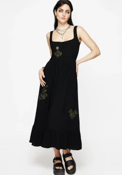 Foliate Linen-Blend Embroidered Sleeveless Midi Dress - Black