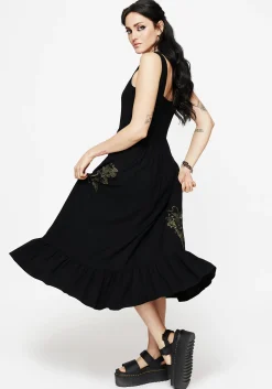 Foliate Linen-Blend Embroidered Sleeveless Midi Dress - Black