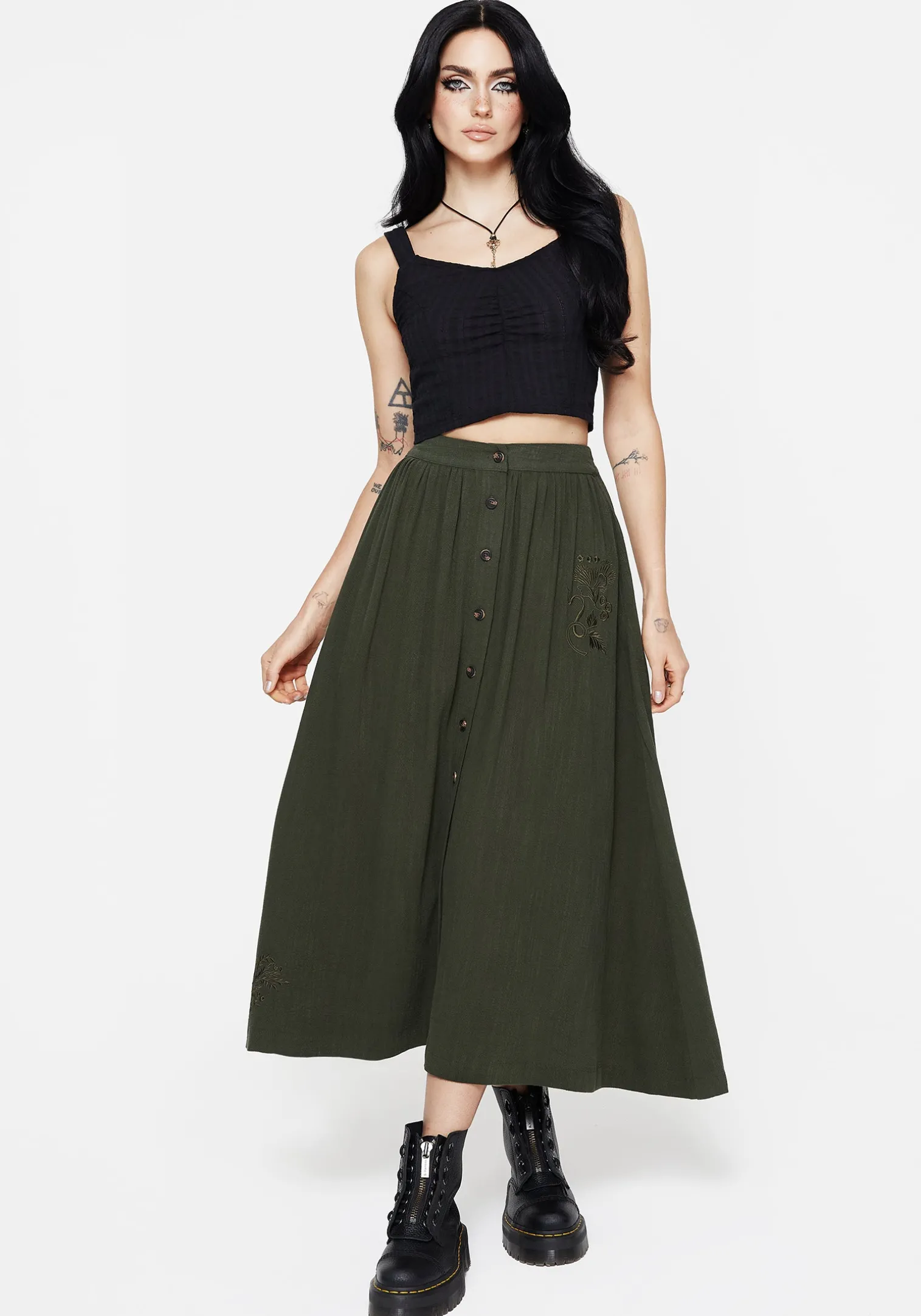 Foliate Linen-Blend Embroidered Button Up Midaxi Skirt - Green