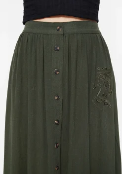 Foliate Linen-Blend Embroidered Button Up Midaxi Skirt - Green
