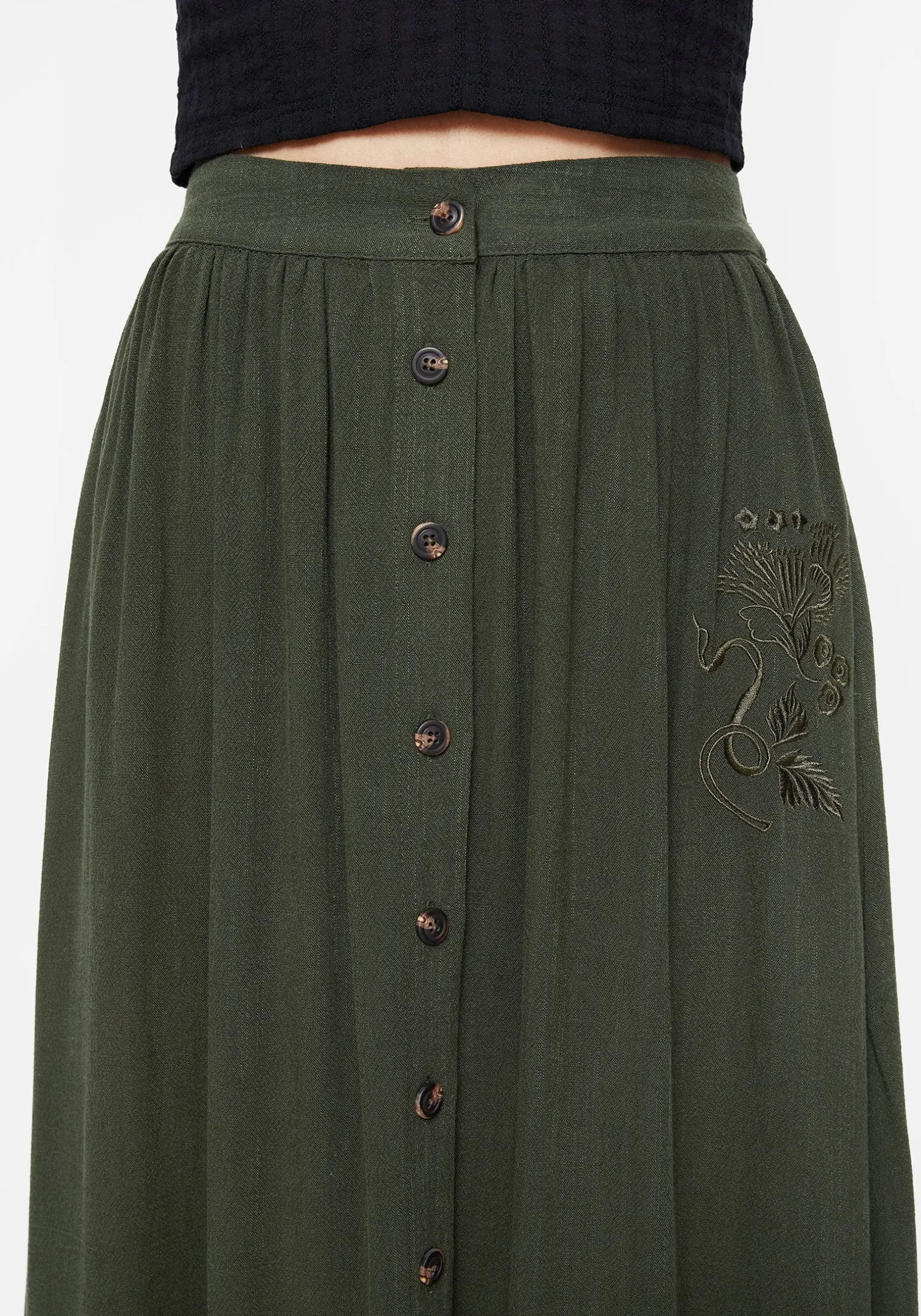 Foliate Linen-Blend Embroidered Button Up Midaxi Skirt - Green