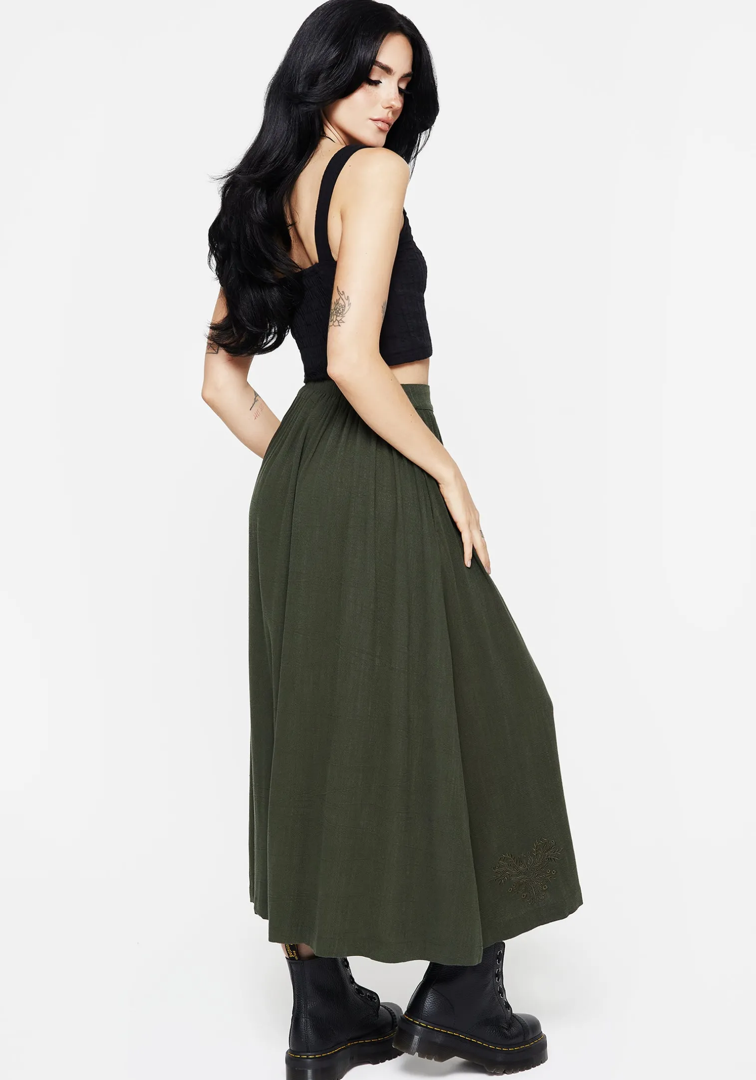 Foliate Linen-Blend Embroidered Button Up Midaxi Skirt - Green