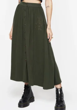 Foliate Linen-Blend Embroidered Button Up Midaxi Skirt - Green