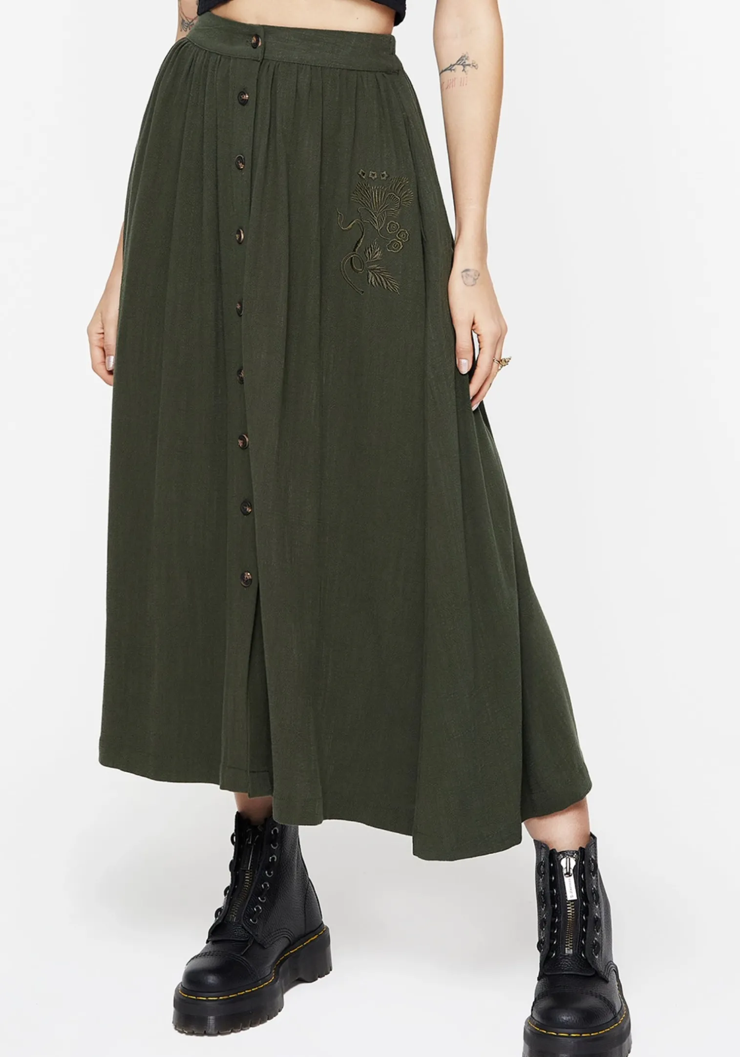 Foliate Linen-Blend Embroidered Button Up Midaxi Skirt - Green