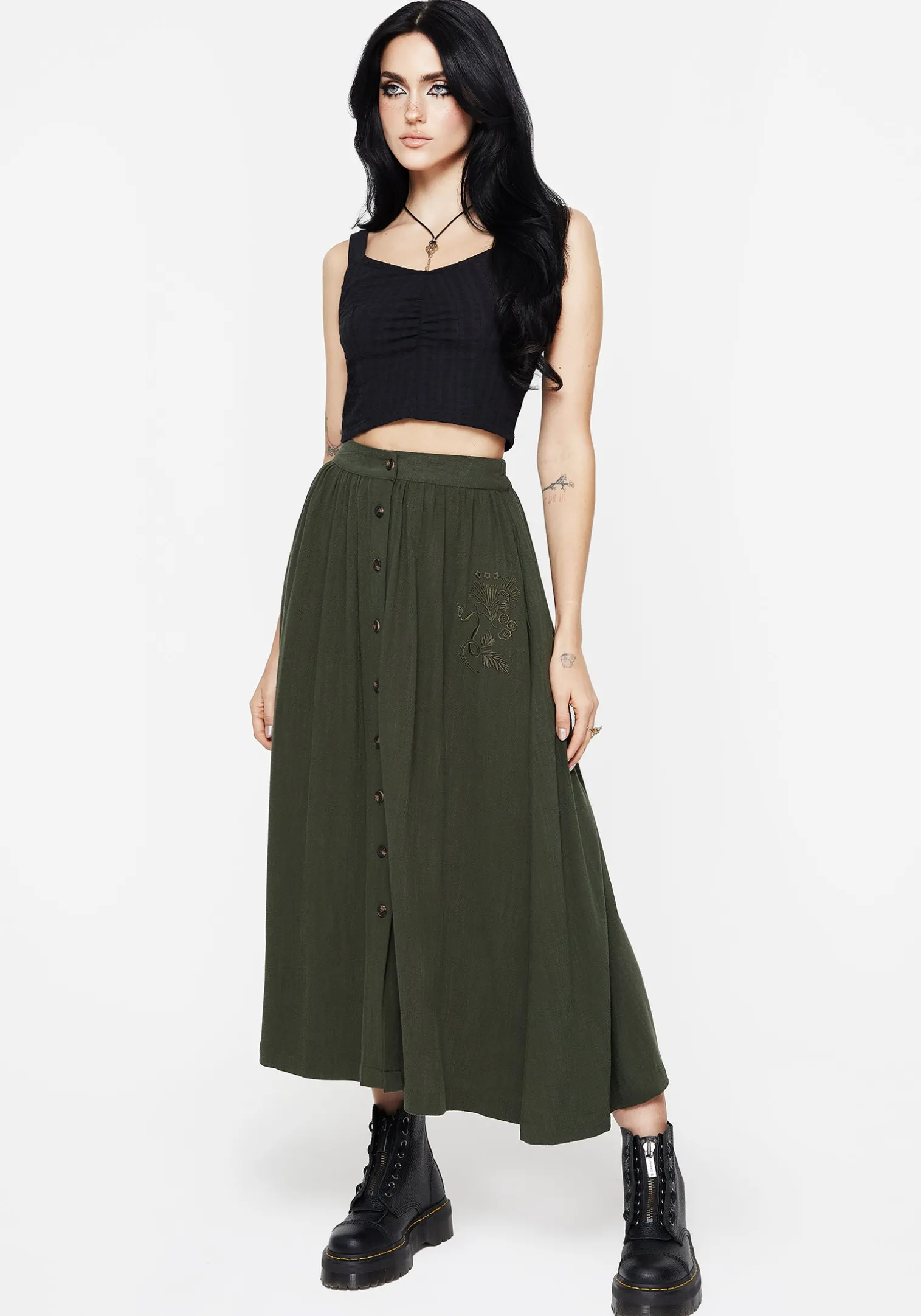 Foliate Linen-Blend Embroidered Button Up Midaxi Skirt - Green