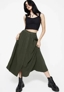 Foliate Linen-Blend Embroidered Button Up Midaxi Skirt - Green