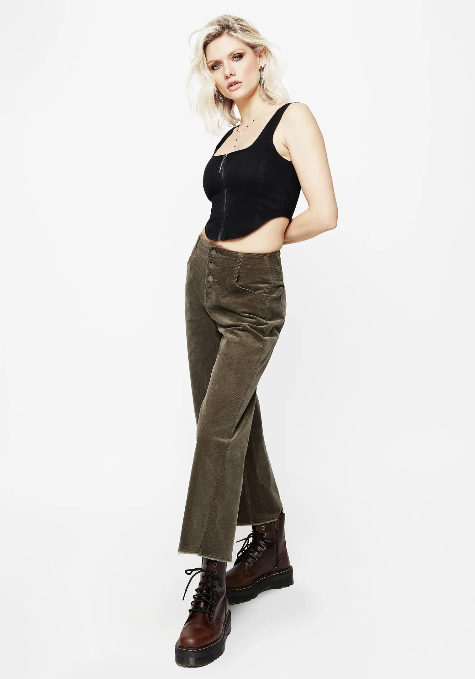 Foster Wide Leg Cord Crop Jeans - Green