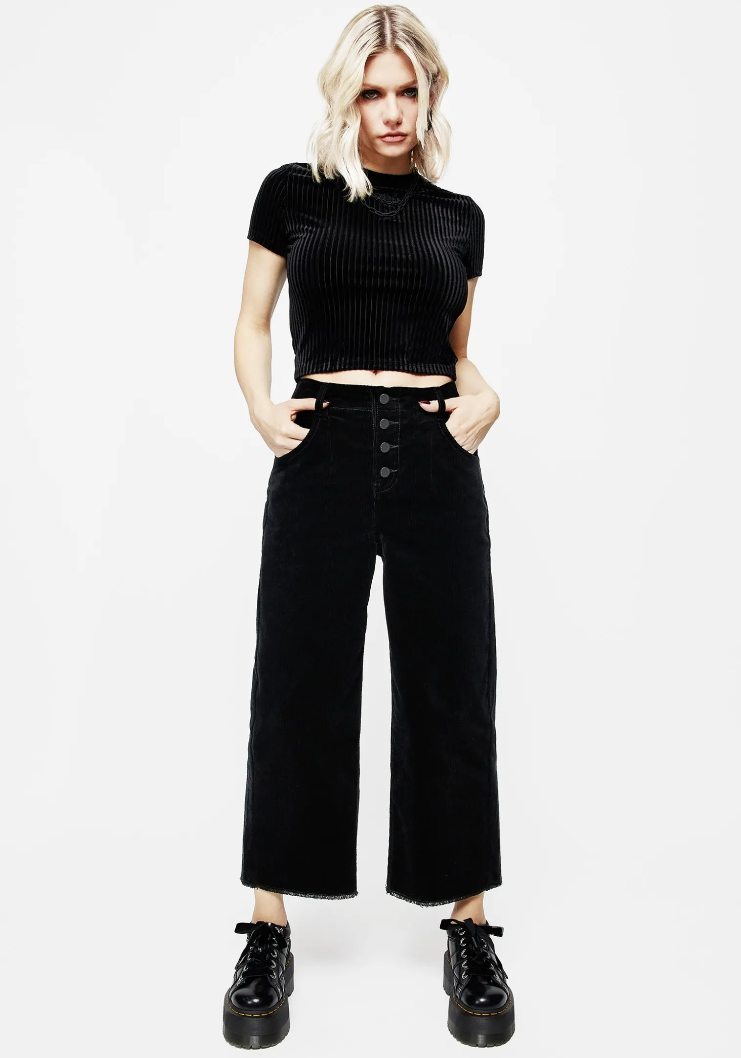 Foster Wide Leg Cord Crop Jeans - Black