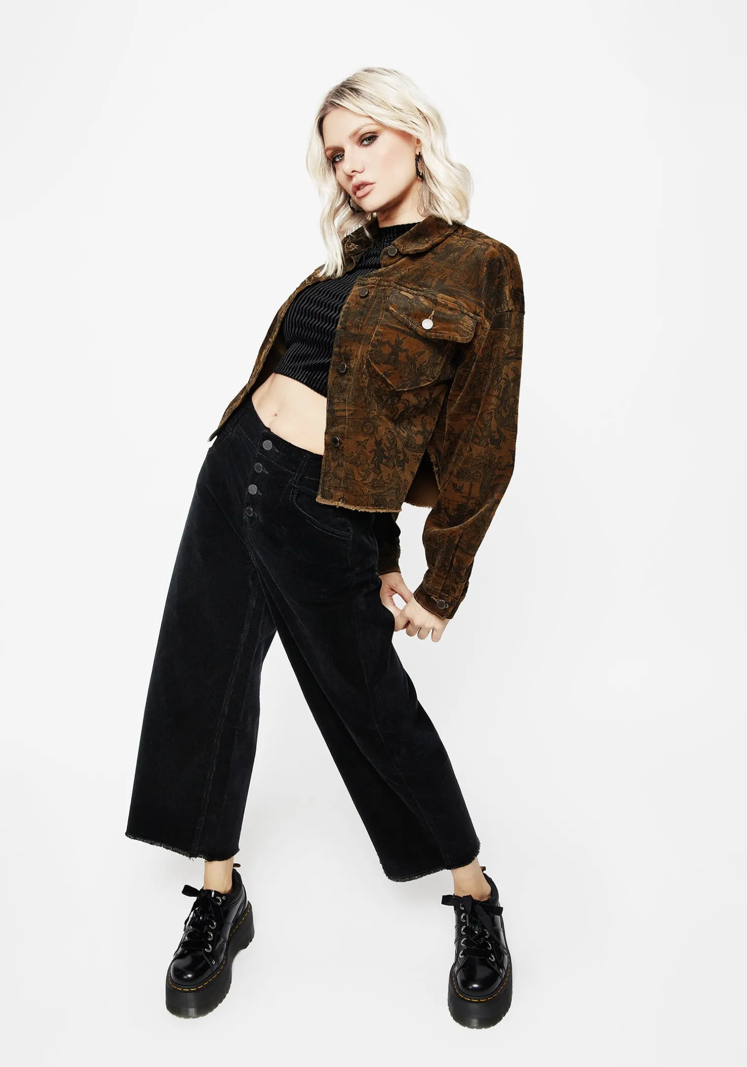 Foster Wide Leg Cord Crop Jeans - Black