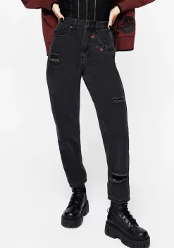 Foxfire Embroidered Distressed Mom Jeans