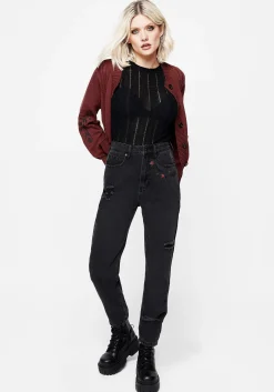 Foxfire Embroidered Distressed Mom Jeans