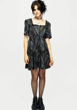 Frond Print Ruffle Shirred Mini Dress