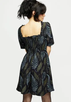 Frond Print Ruffle Shirred Mini Dress