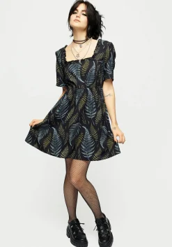 Frond Print Ruffle Shirred Mini Dress