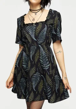 Frond Print Ruffle Shirred Mini Dress