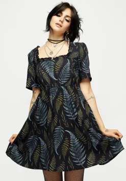 Frond Print Ruffle Shirred Mini Dress