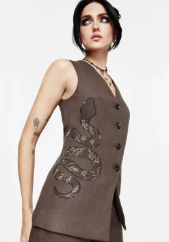 Gaia Linen Blend Snake Embroidered Longline Waistcoat