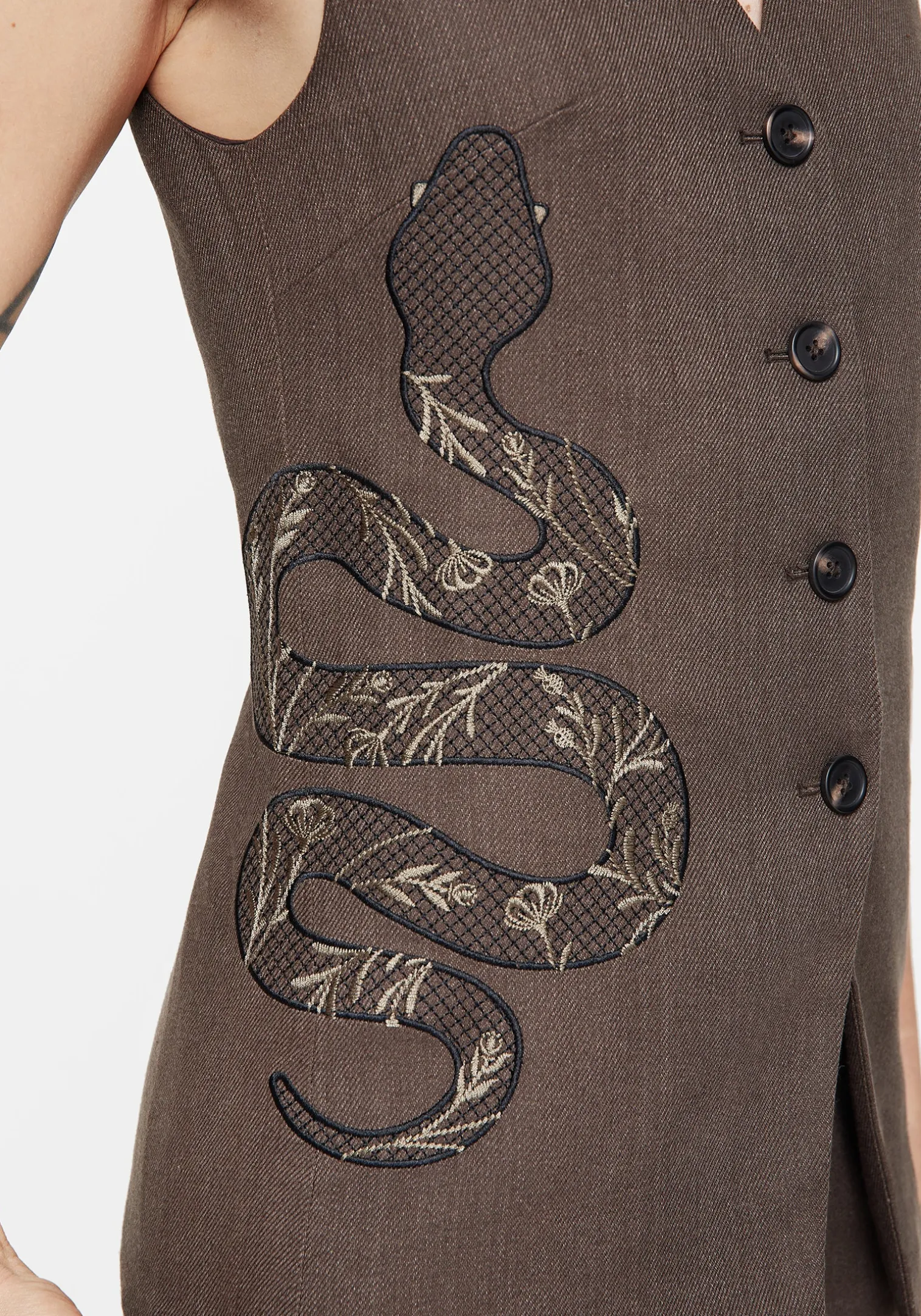 Gaia Linen Blend Snake Embroidered Longline Waistcoat