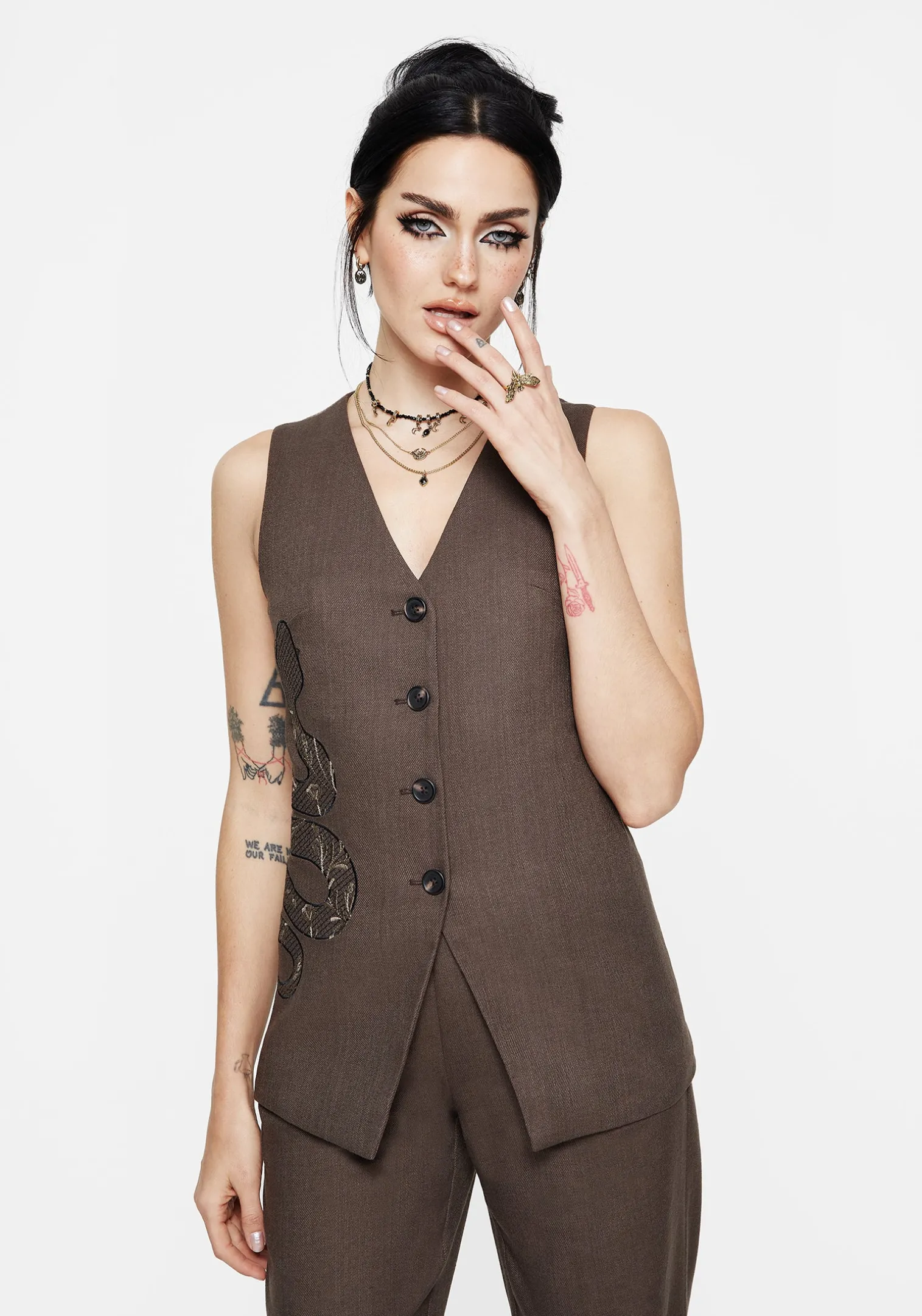 Gaia Linen Blend Snake Embroidered Longline Waistcoat