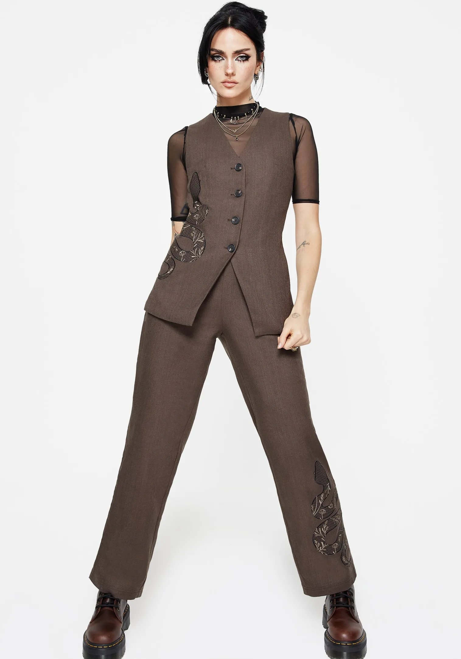 Gaia Linen Blend Snake Embroidered Longline Waistcoat