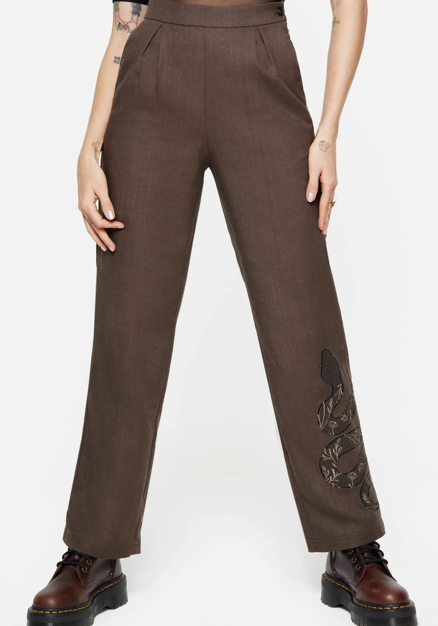 Gaia Linen Blend Snake Embroidered Wide Leg Trouser