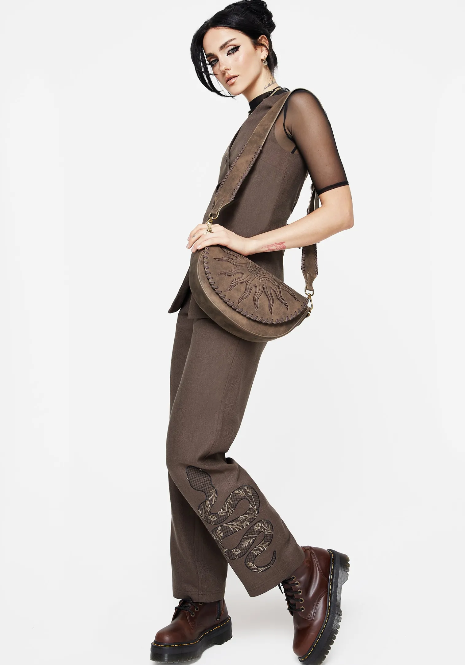 Gaia Linen Blend Snake Embroidered Wide Leg Trouser