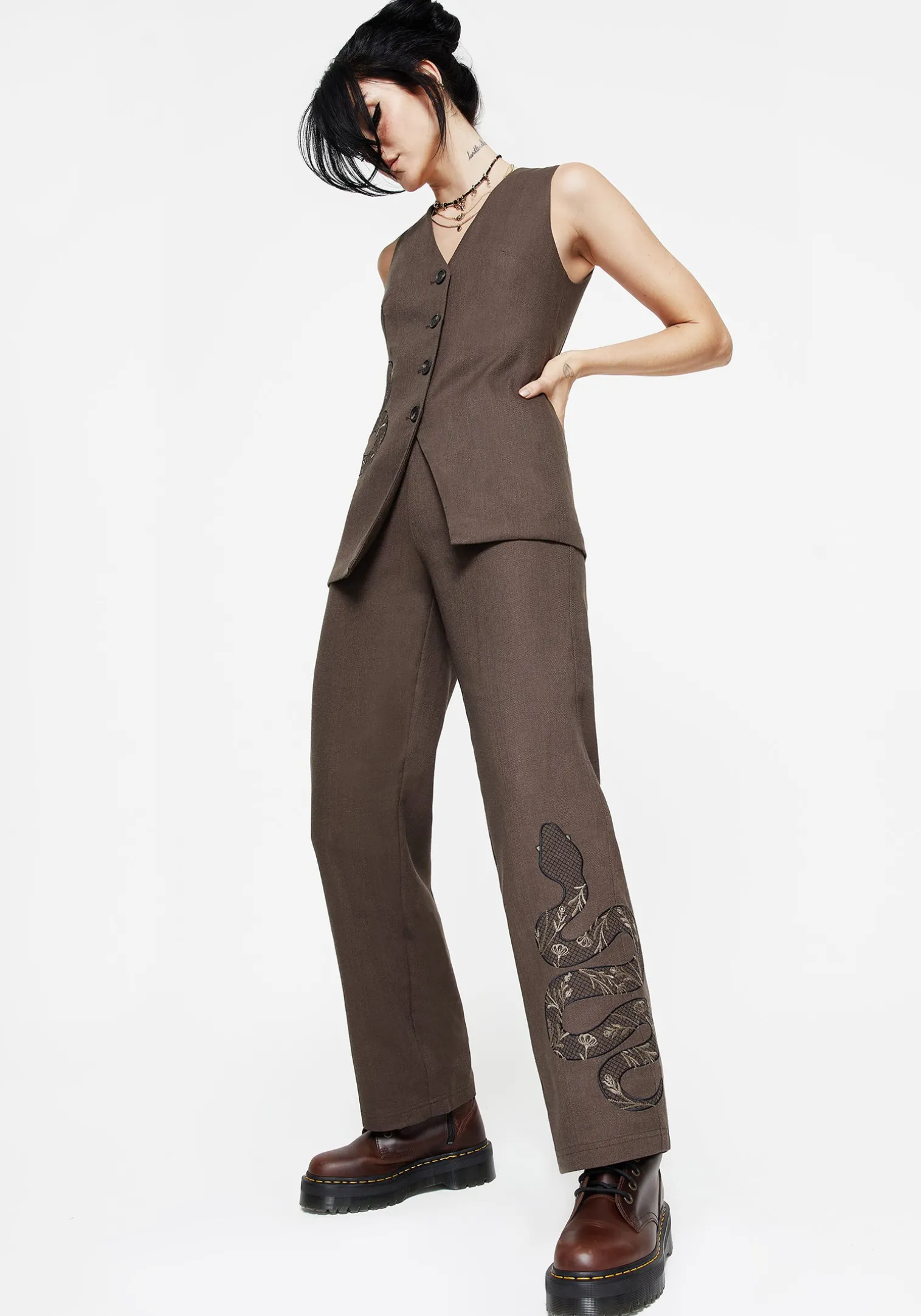 Gaia Linen Blend Snake Embroidered Wide Leg Trouser