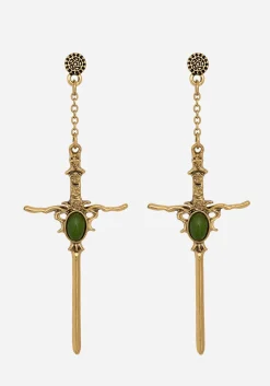 Galatine Green Stone Sword Earrings - Gold