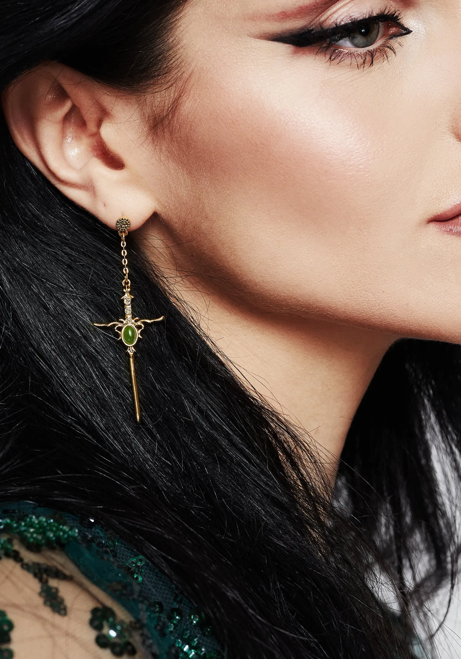 Galatine Green Stone Sword Earrings - Gold
