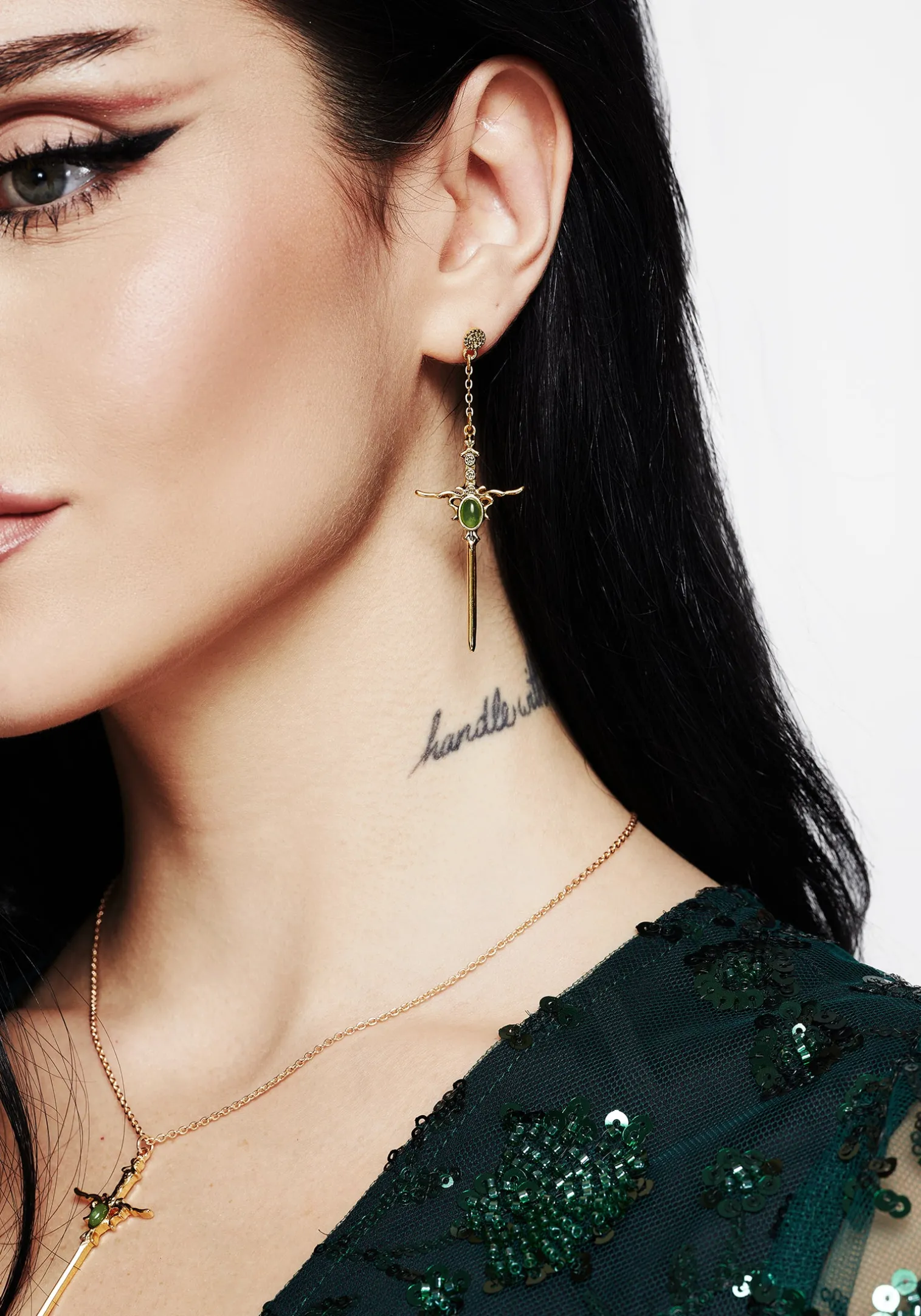 Galatine Green Stone Sword Earrings - Gold