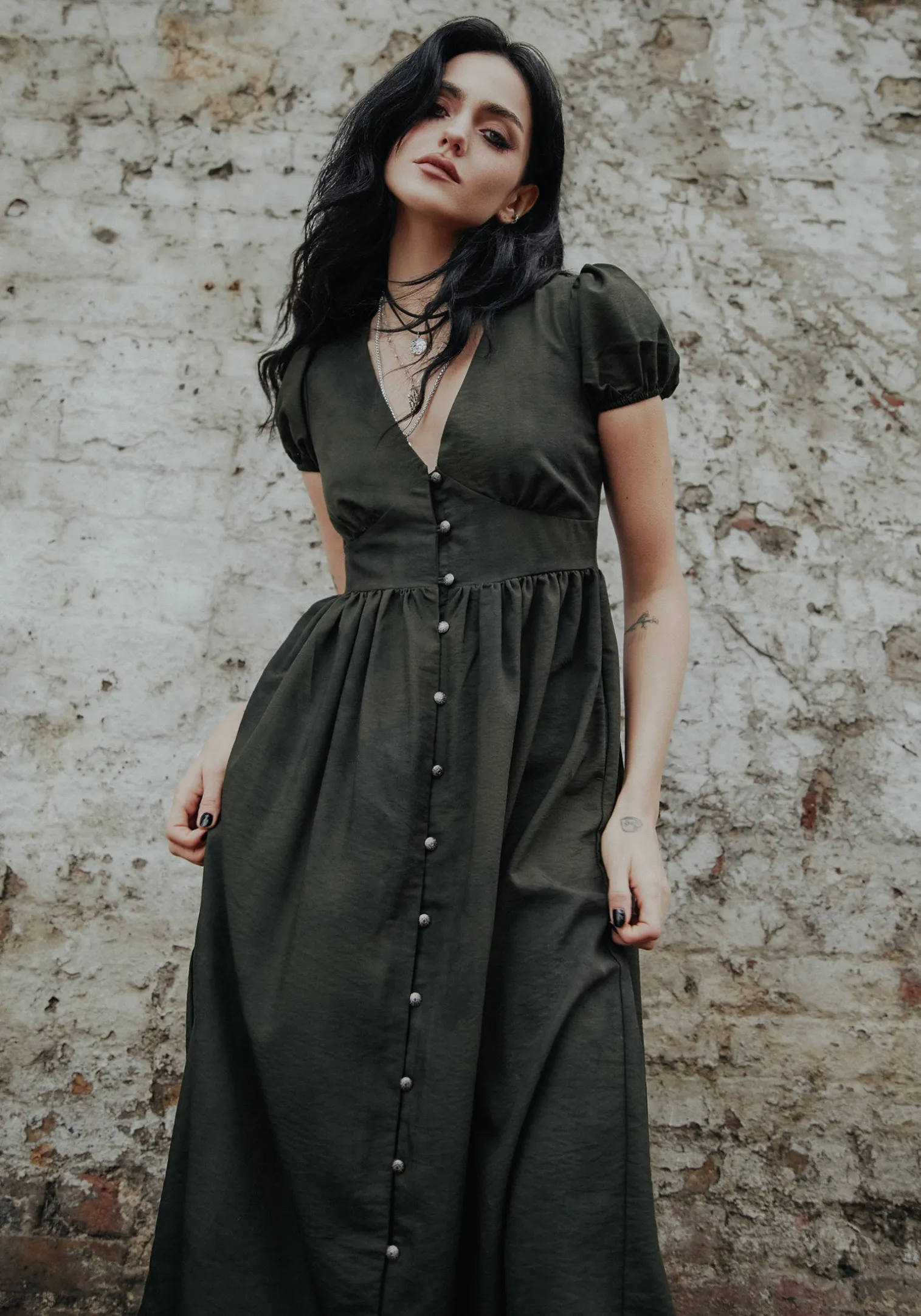 Gladys Button Up Midi Dress - Green