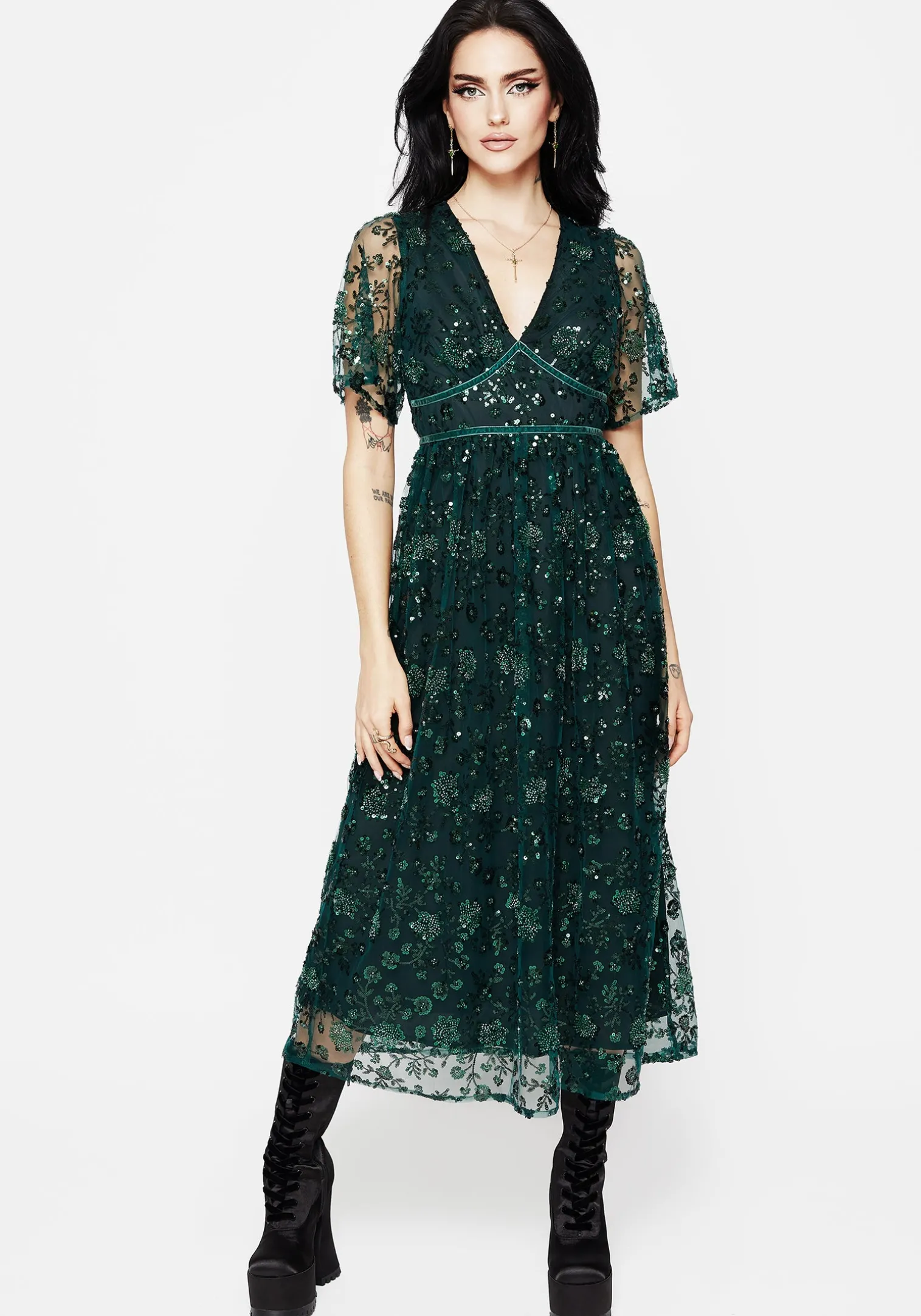 Glimmer Embroidered Sequin Lace Angel Sleeve Midaxi Dress