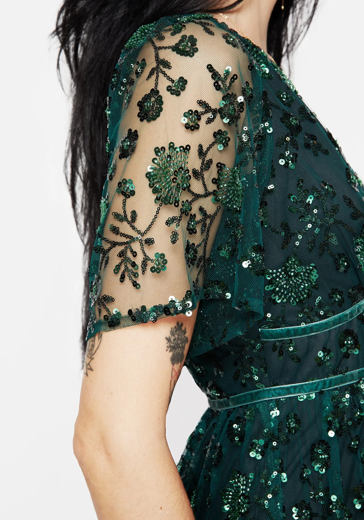 Glimmer Embroidered Sequin Lace Angel Sleeve Midaxi Dress