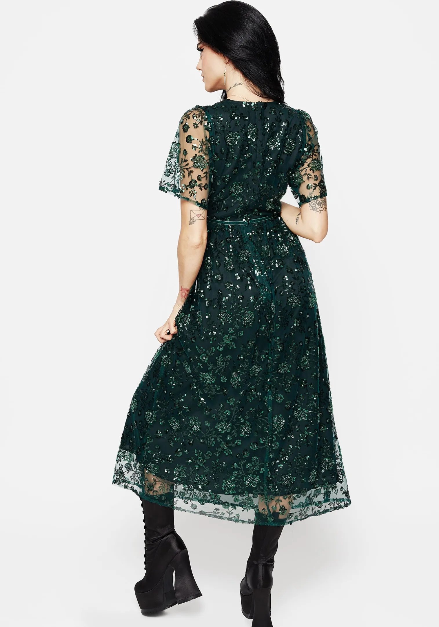 Glimmer Embroidered Sequin Lace Angel Sleeve Midaxi Dress