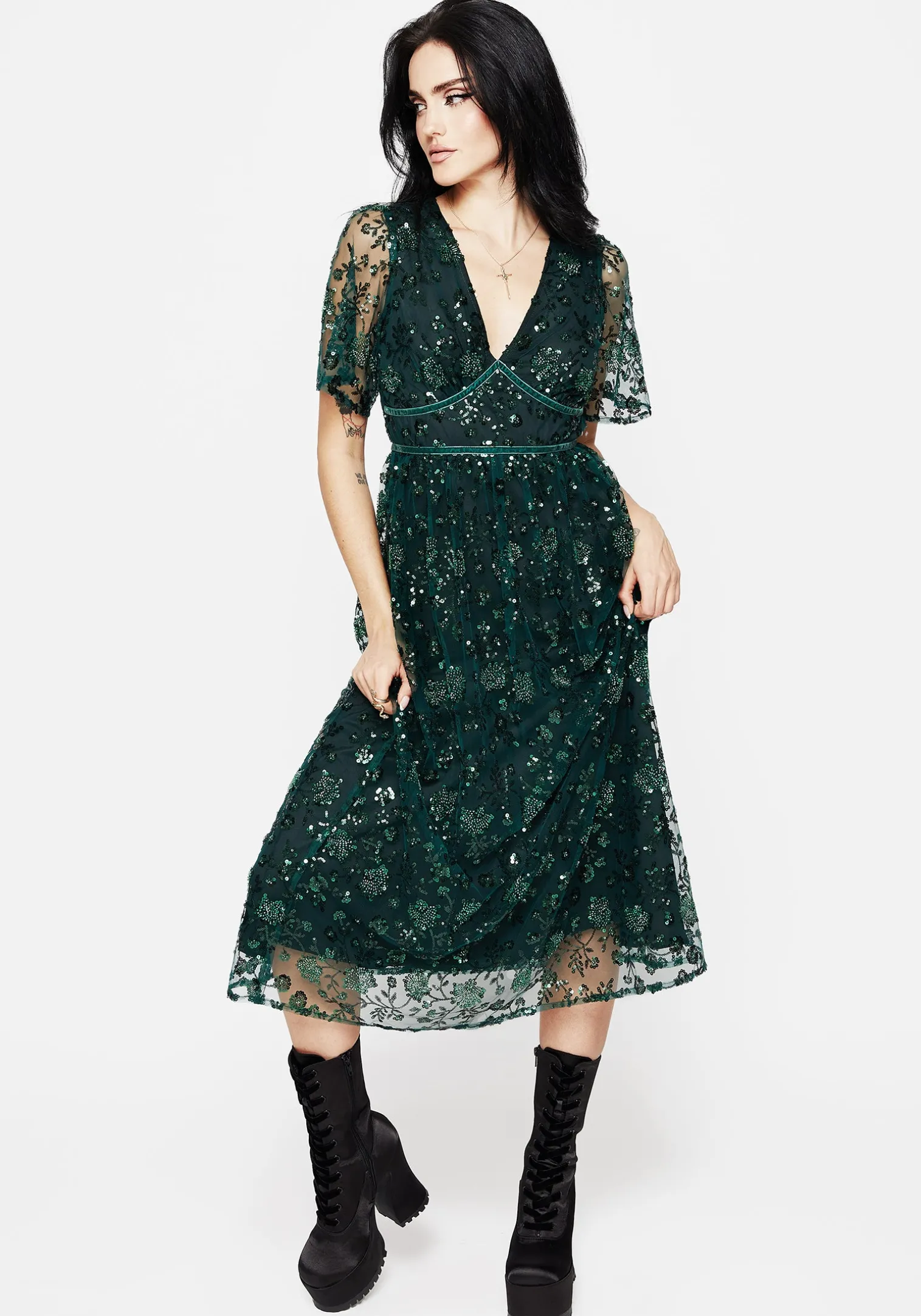 Glimmer Embroidered Sequin Lace Angel Sleeve Midaxi Dress