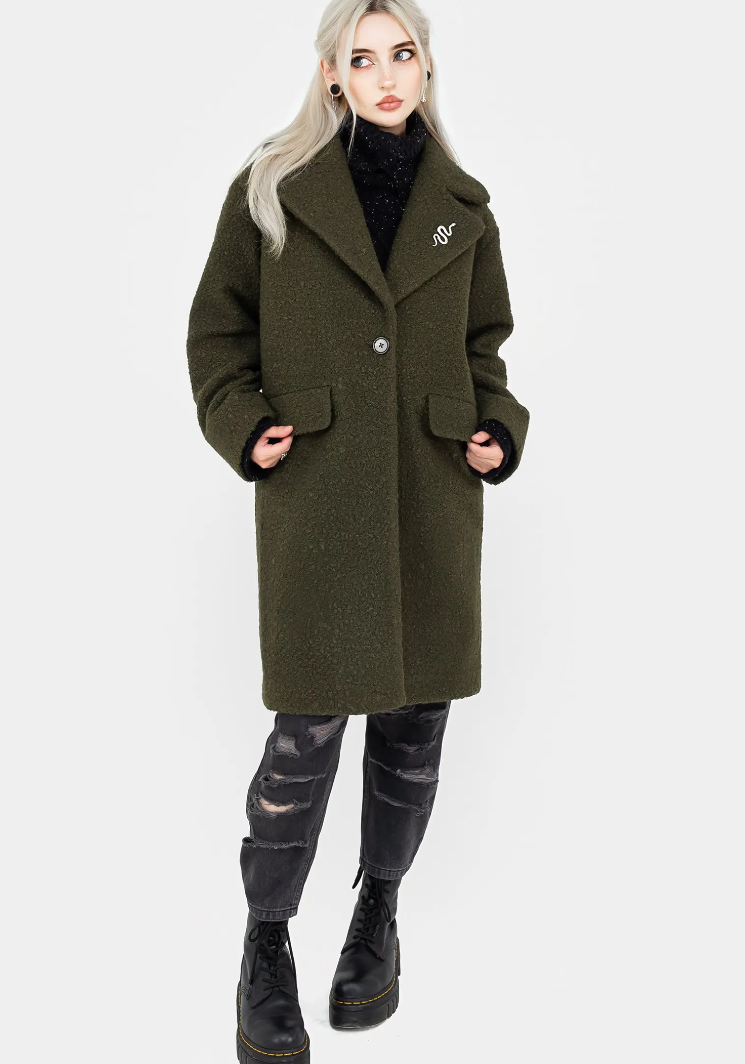 Gorgon Bouclé Oversized Coat with Snake Brooch - Green