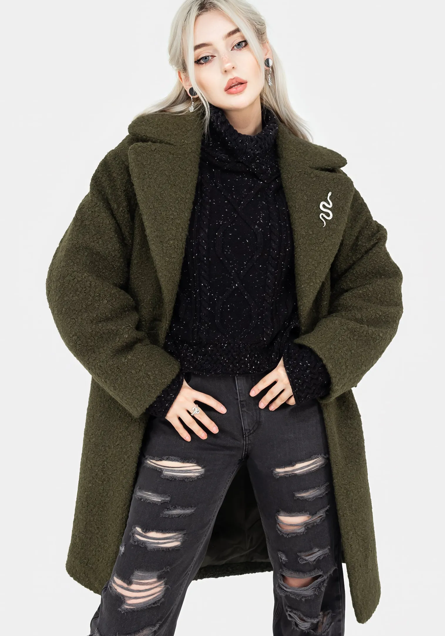Gorgon Bouclé Oversized Coat with Snake Brooch - Green