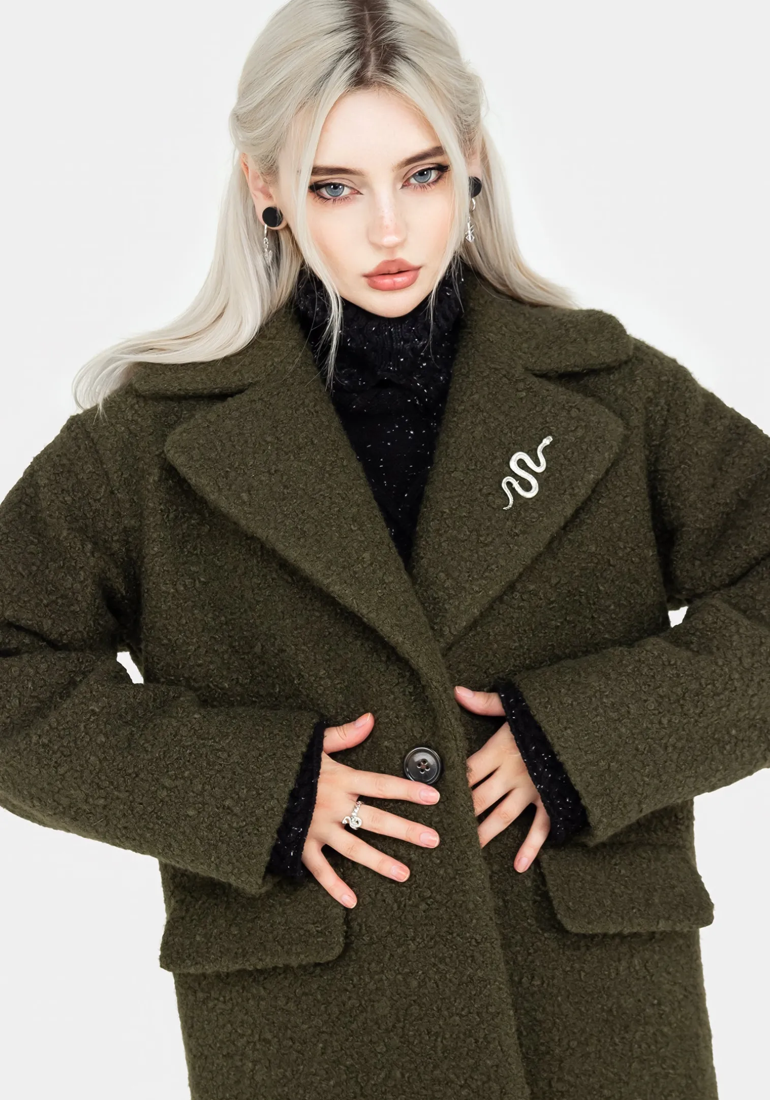 Gorgon Bouclé Oversized Coat with Snake Brooch - Green