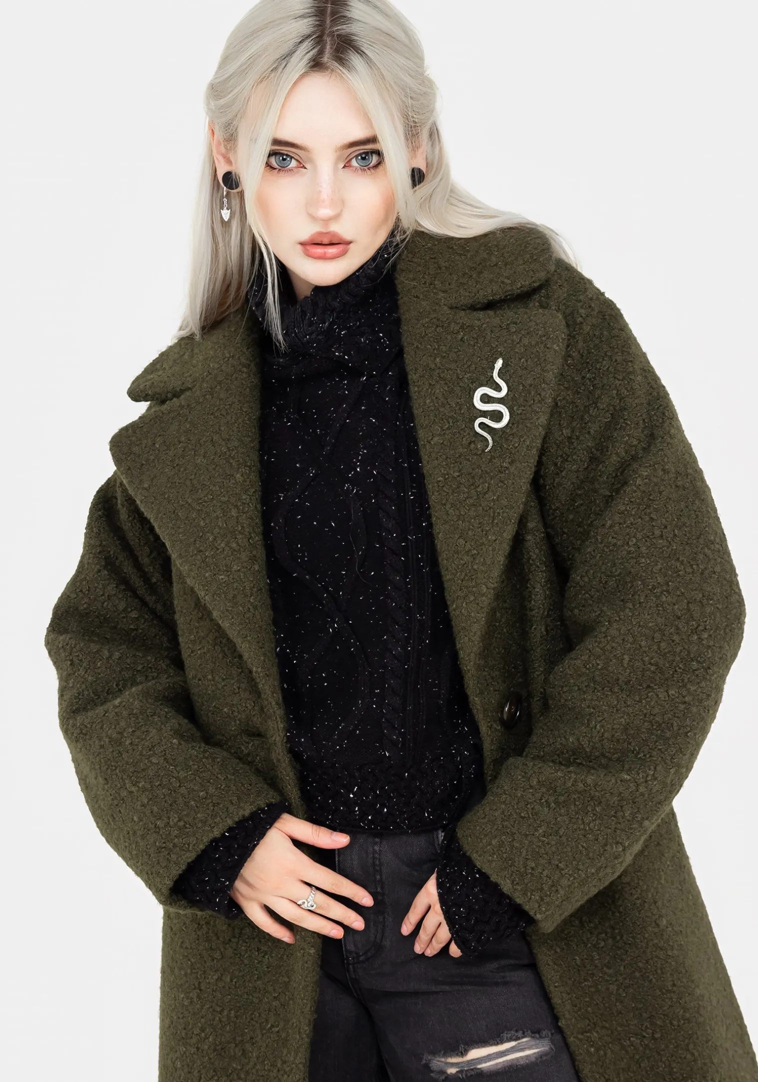 Gorgon Bouclé Oversized Coat with Snake Brooch - Green