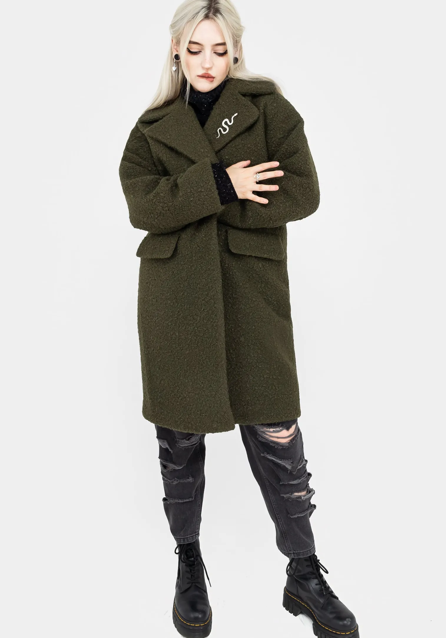 Gorgon Bouclé Oversized Coat with Snake Brooch - Green