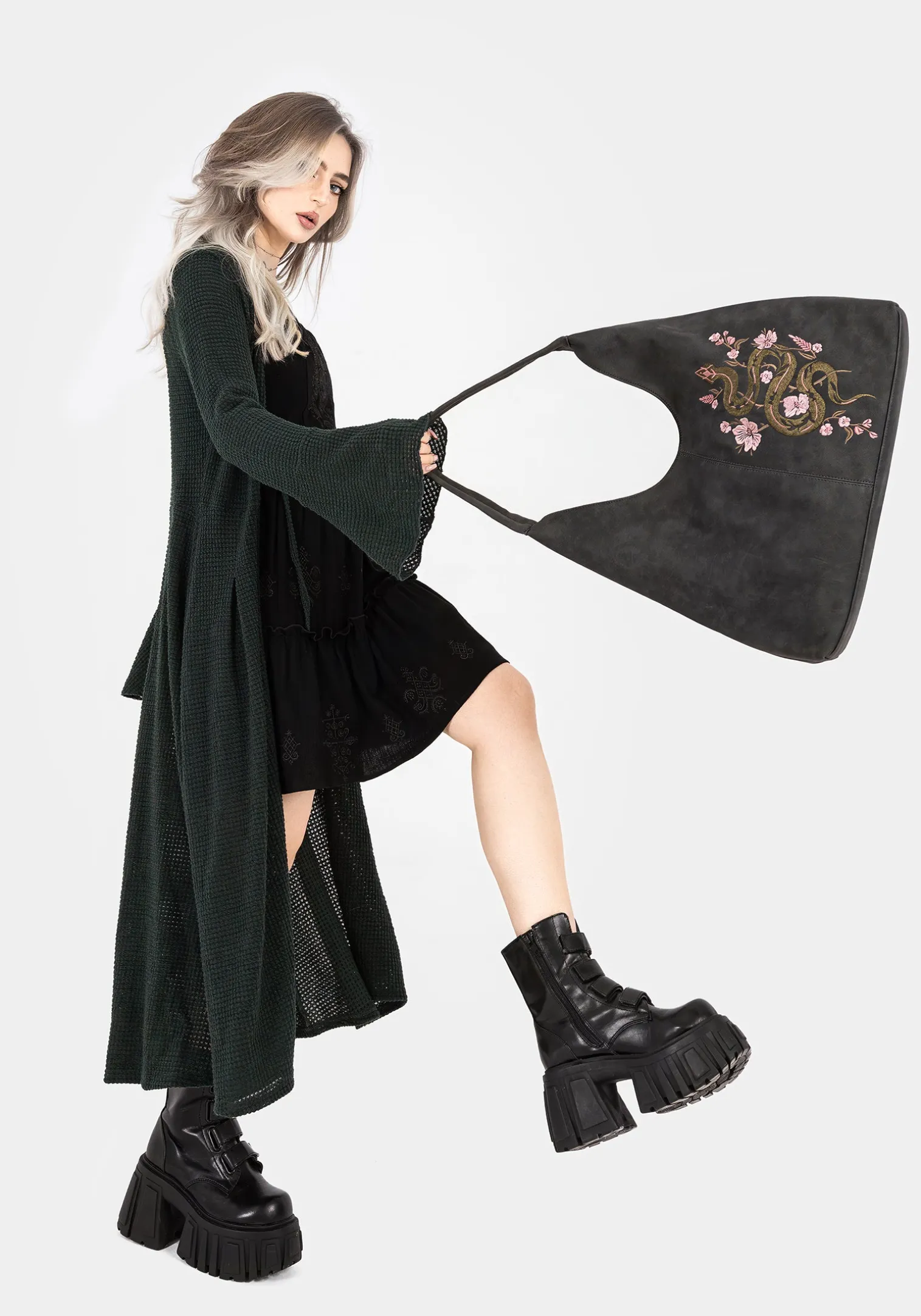 Gorgon Snake Embroidered Faux Suede Tote Bag