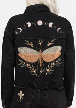 Griffinfly Embroidered Distressed Denim Jacket